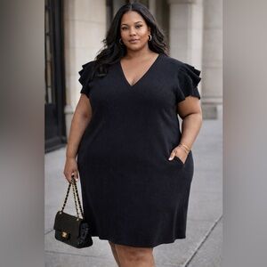 Vintage Ralph Lauren Black V-Neck Short Ruffle Sleeve Sweater Dress.